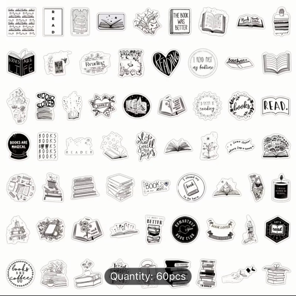 (50) Black & White Book-Themed Stickers - Picture 2 of 3